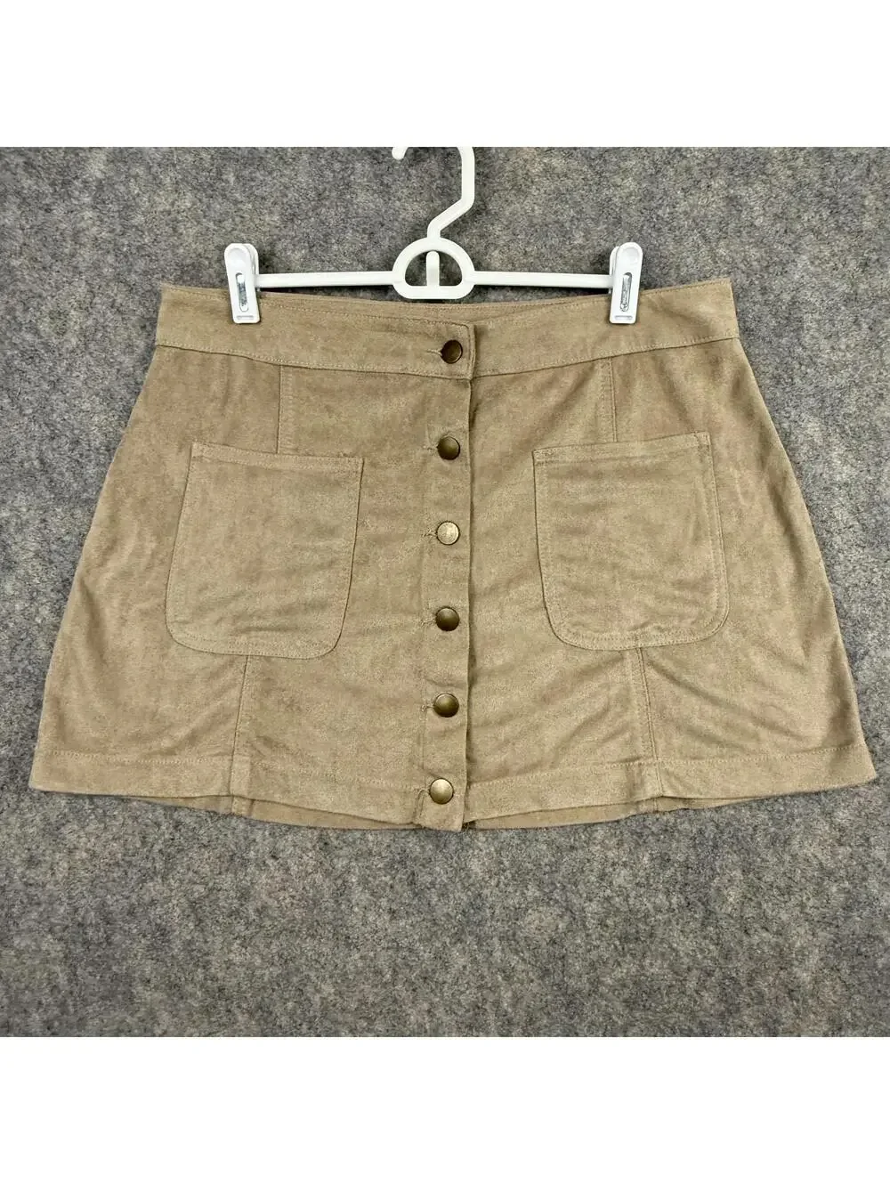 Altar’d State Faux Suede Button Front Mini Skirt Khaki Tan Patch Pockets Large